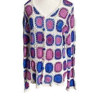 Haband Womens Medium Granny Square Purple & Blue with White Crochet Jacket